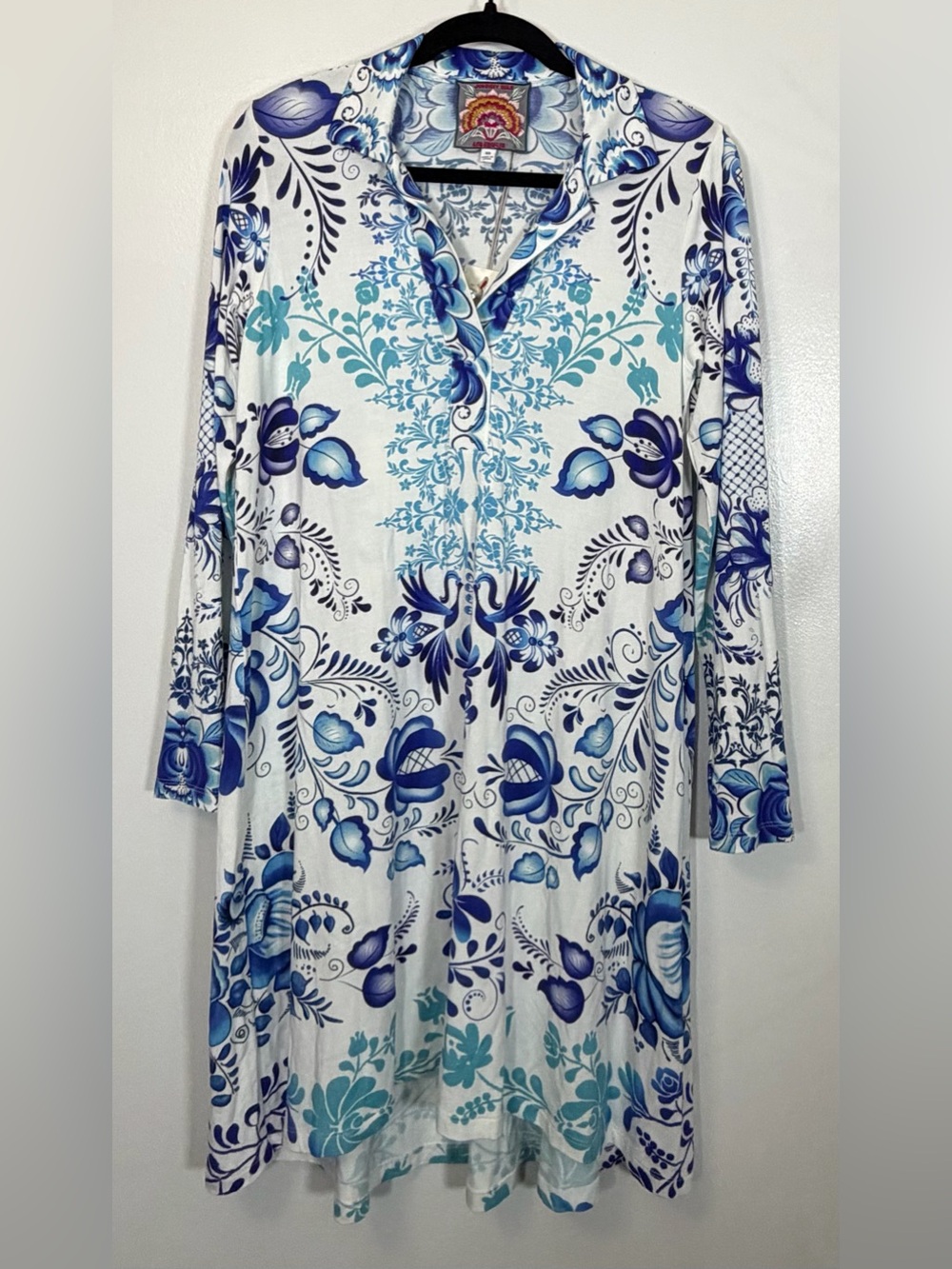 🆕 Johnny Was White Tunic with Blue Floral Print